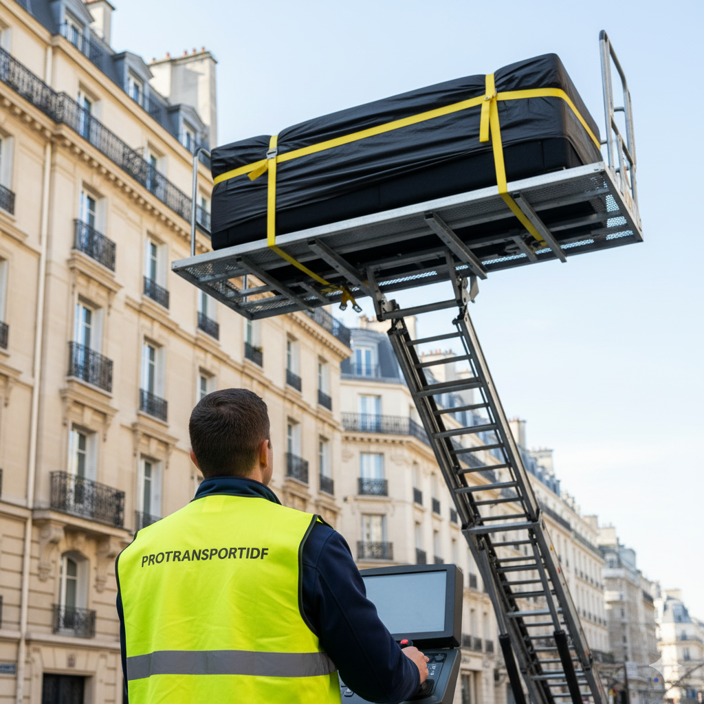 monte-charge déménagement Paris sur façade d’immeuble